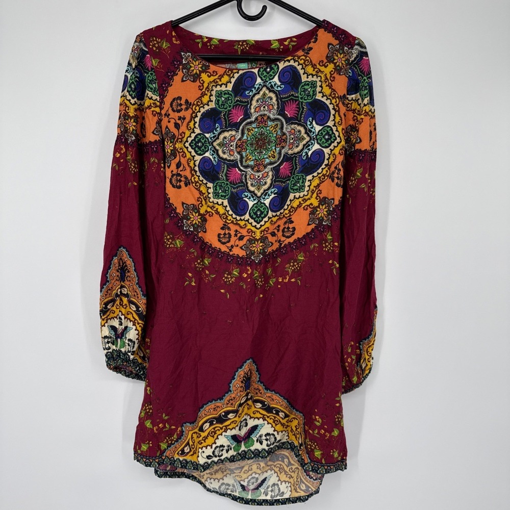 Farm Rio Brazil Mandala Boho Balloon Sleeve Tunic Mini Dress Open Back Medium
